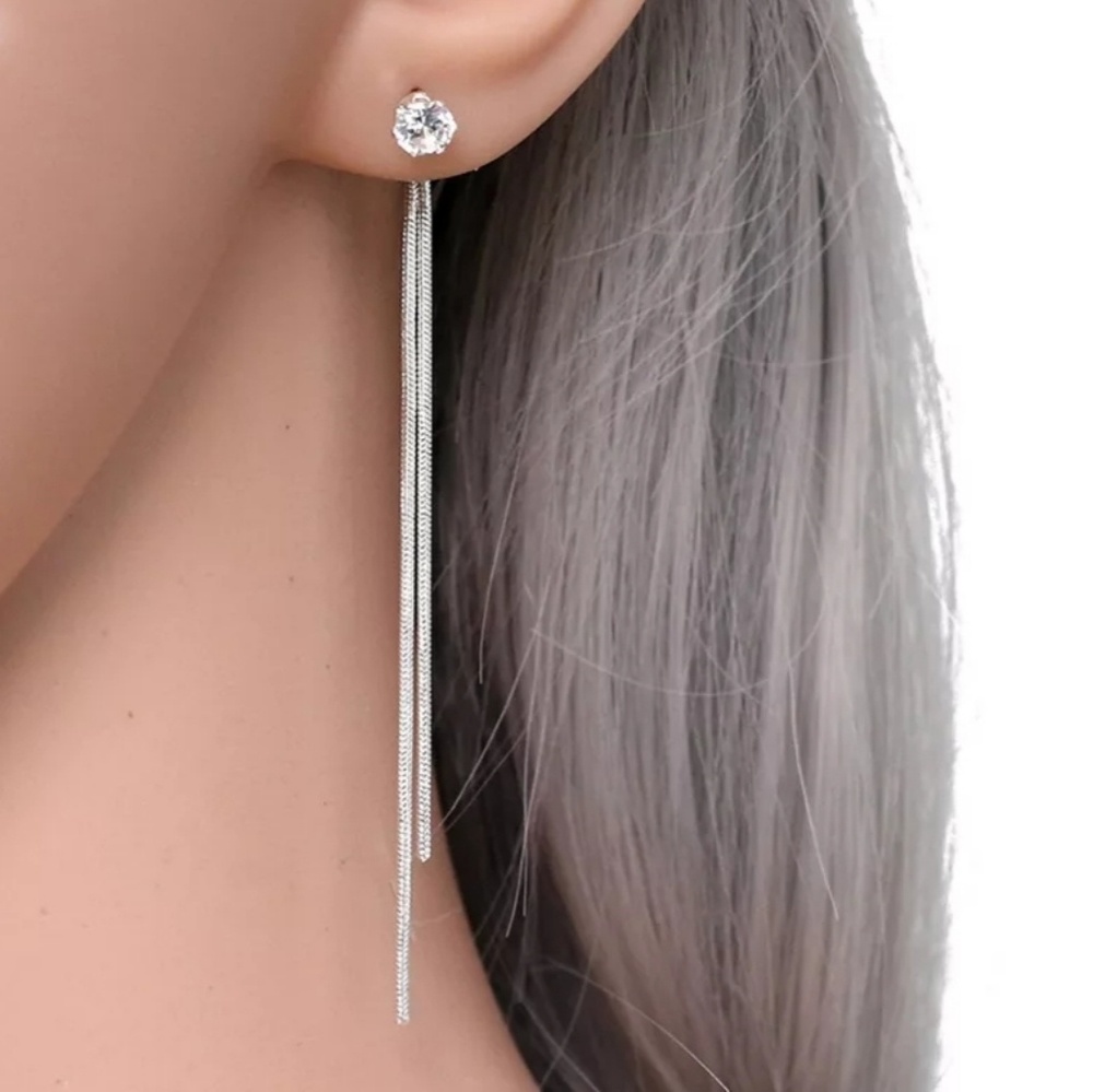 Simple Silver Dangle Rhinestone Tassel Earrings Fringe Casual Everyday Style